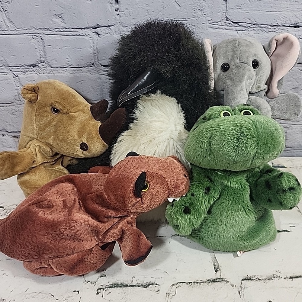 Plush Hand Puppets Lot Of‎ 5 Penguin Elephant Frog Dino Rhino Storytelling Toys